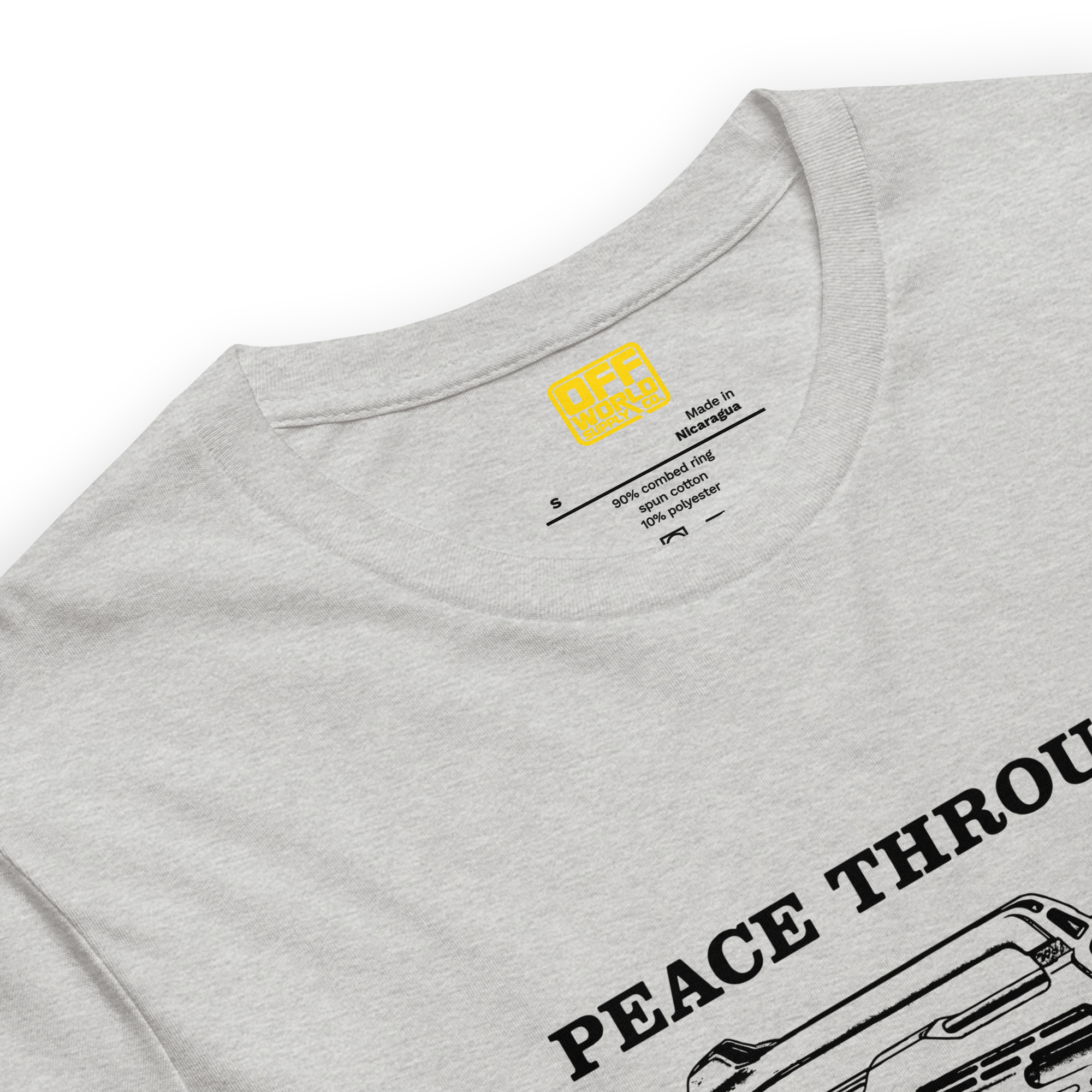 Athletic heather Peace Through Superior Firepower T-shirt seen in Aliens Corner